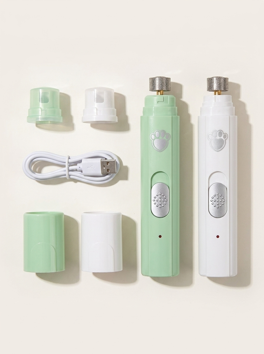 Lima de uñas eléctrica para perros y gatos en blanco y verde con cabezales, fundas y cable USB